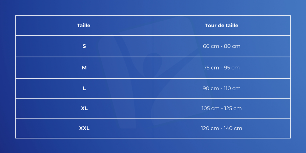 Guide des tailles ceinture lombaire avec tour de taille S M L XL XXL