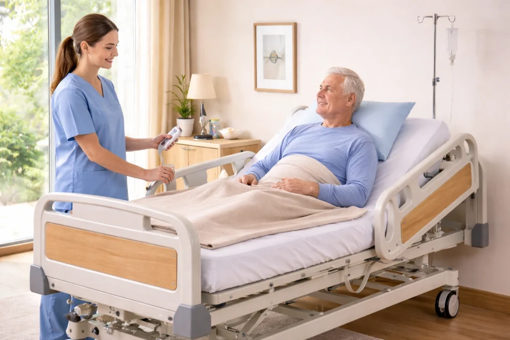Professionnelle de santé aidant un patient à utiliser un lit médicalisé à domicile