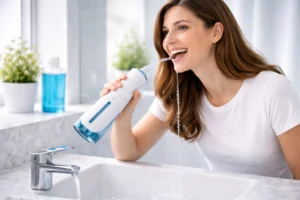 Femme utilisant un hydropulseur dentaire sans fil dans une salle de bain moderne